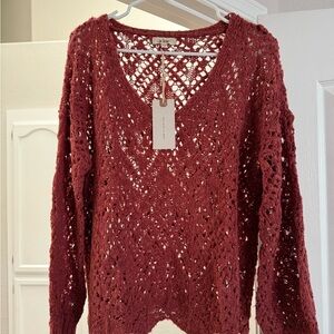 Free People Red V-Neck Sweater with Intricate Knit